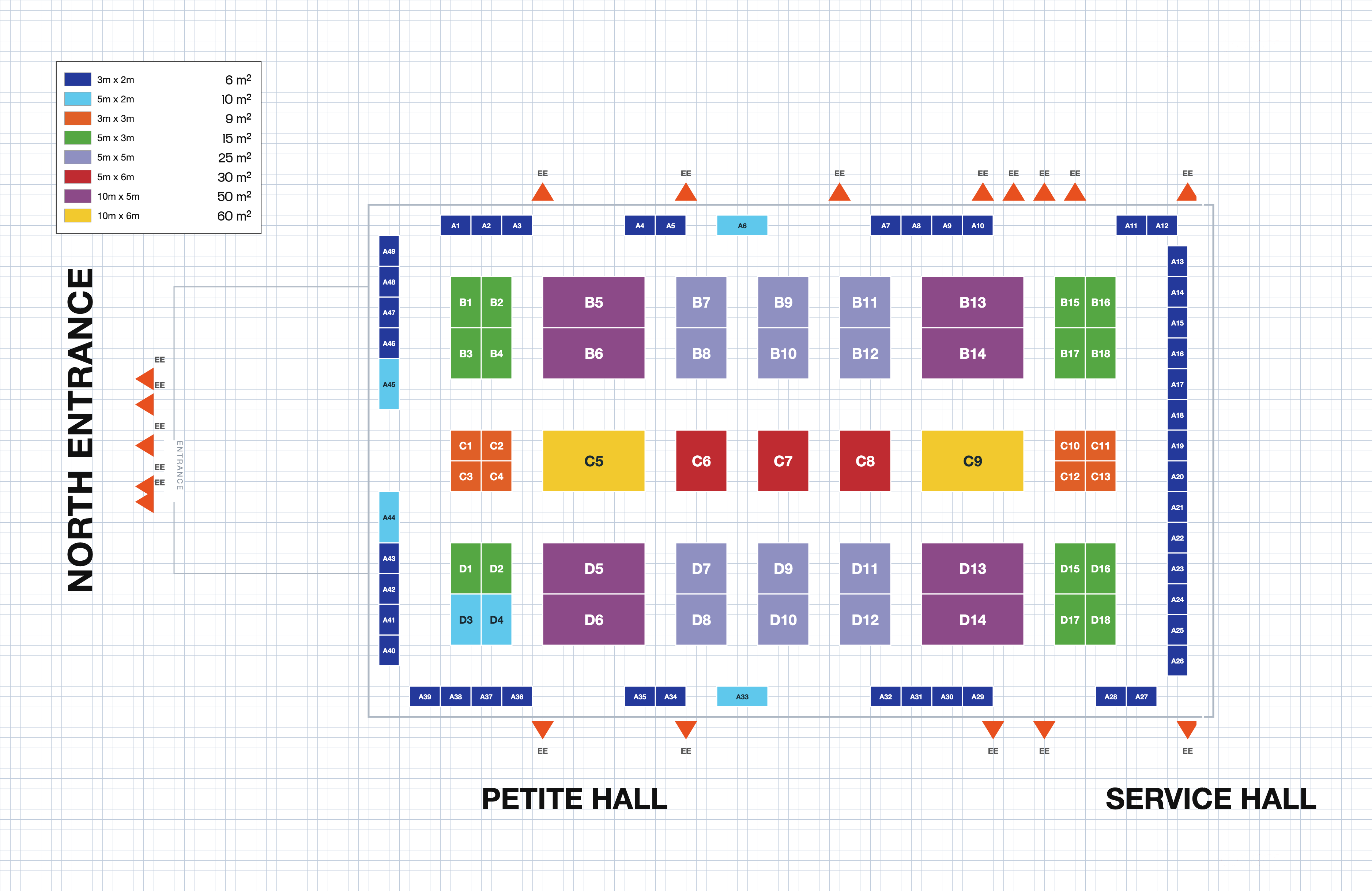 The MFCC floorplan for MCS 2027, showing numbered stand positions in eight colour-coded sizes, with the north entrance on the left