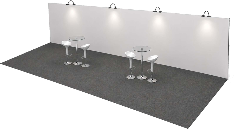 Indicative render of the 10 × 5 m MCS exhibitor stand, showing the printed backdrop wall, carpet, lighting, stools and high table