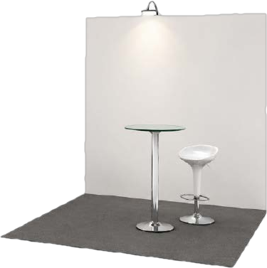 Indicative render of the 3 × 2 m MCS exhibitor stand, showing the printed backdrop wall, carpet, lighting, stools and high table