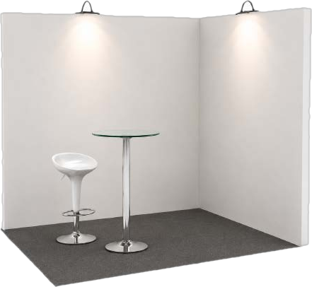 Indicative render of the 3 × 3 m MCS exhibitor stand, showing the printed backdrop wall, carpet, lighting, stools and high table