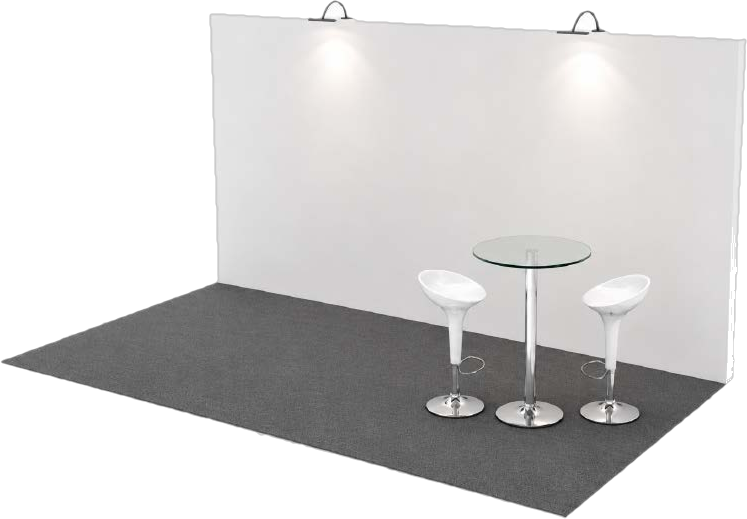 Indicative render of the 5 × 2 m MCS exhibitor stand, showing the printed backdrop wall, carpet, lighting, stools and high table