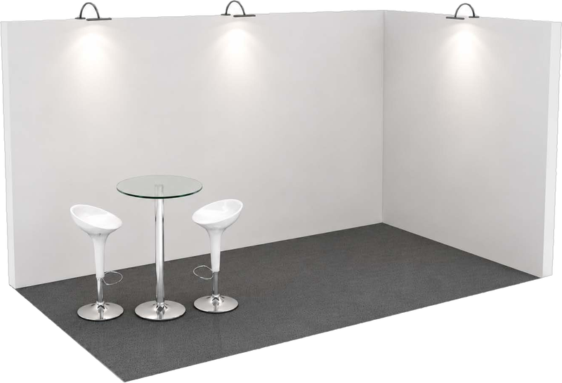 Indicative render of the 5 × 3 m MCS exhibitor stand, showing the printed backdrop wall, carpet, lighting, stools and high table