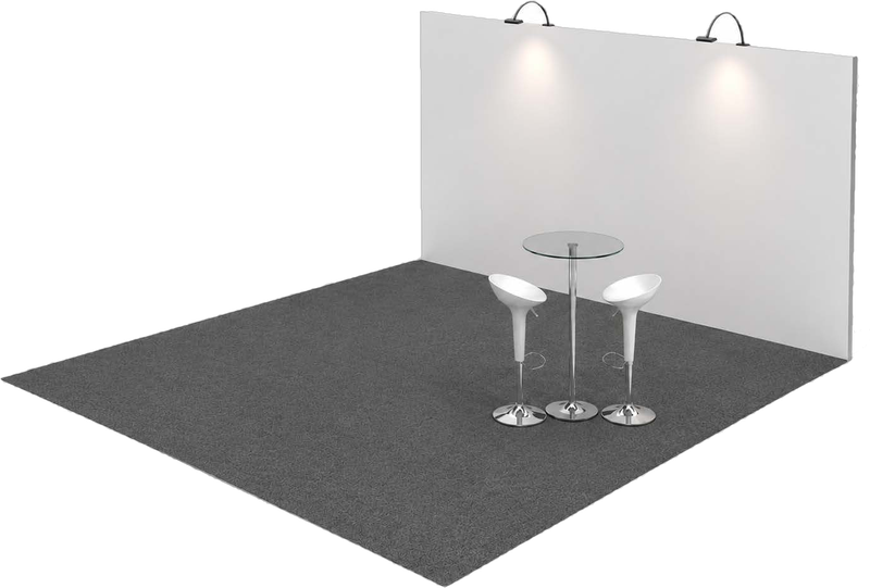 Indicative render of the 5 × 5 m MCS exhibitor stand, showing the printed backdrop wall, carpet, lighting, stools and high table